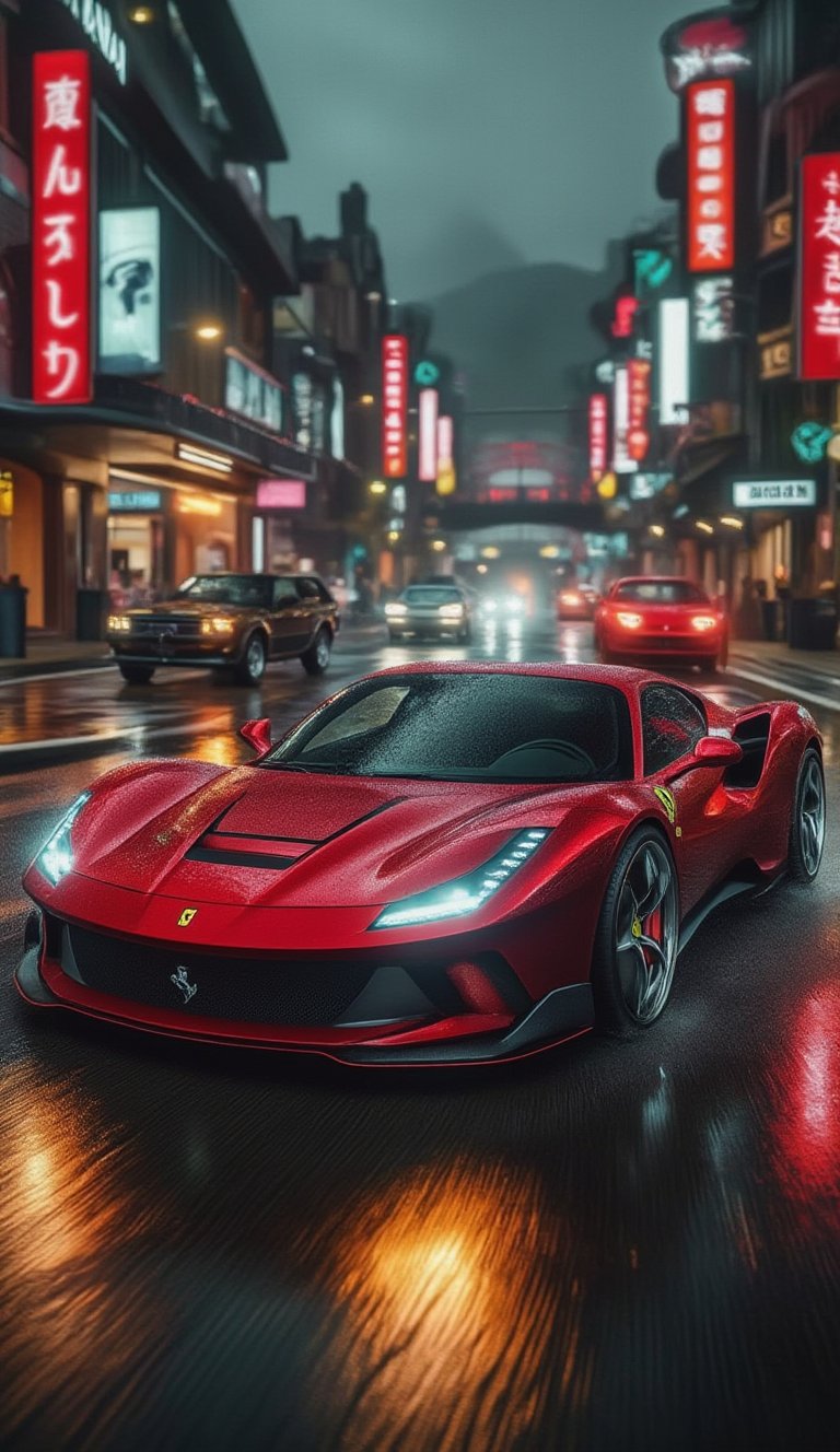 Realistic oil painting,Macro close up,low angle,capture ground level,sleek shiny red Ferrari 2024 model,park on a wet street of night cyberpunk cityscape,foggy street,neon light, .Midjourneyart,Ferrari2024Xmiya