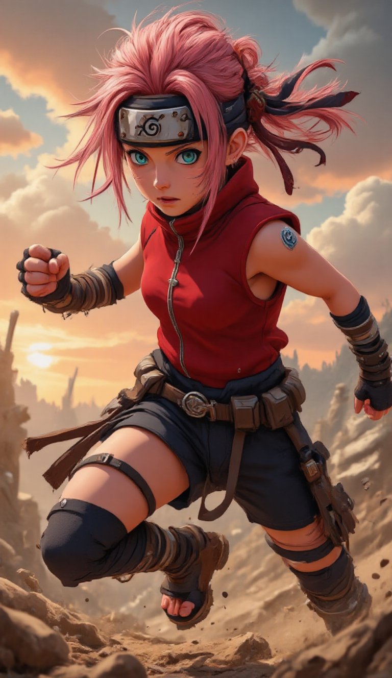 Capture Sakura Haruno in a hyper-realistic,  cinematic portrait,  clad in her iconic crimson qipaku top and navy shorts by...