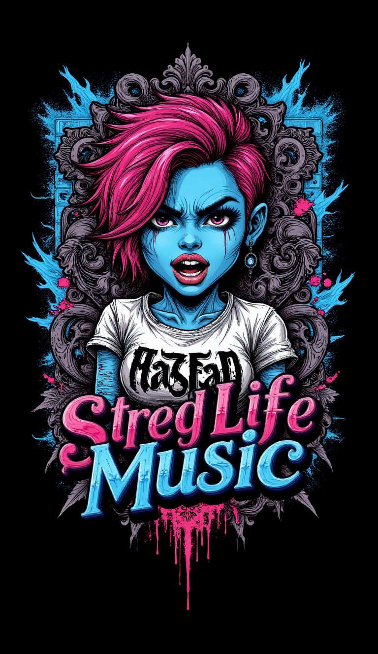 This vibrant graffiti-style digital artwork features a bold,  neon color palette of hot pink,  electric blue by Miya_Qisti...