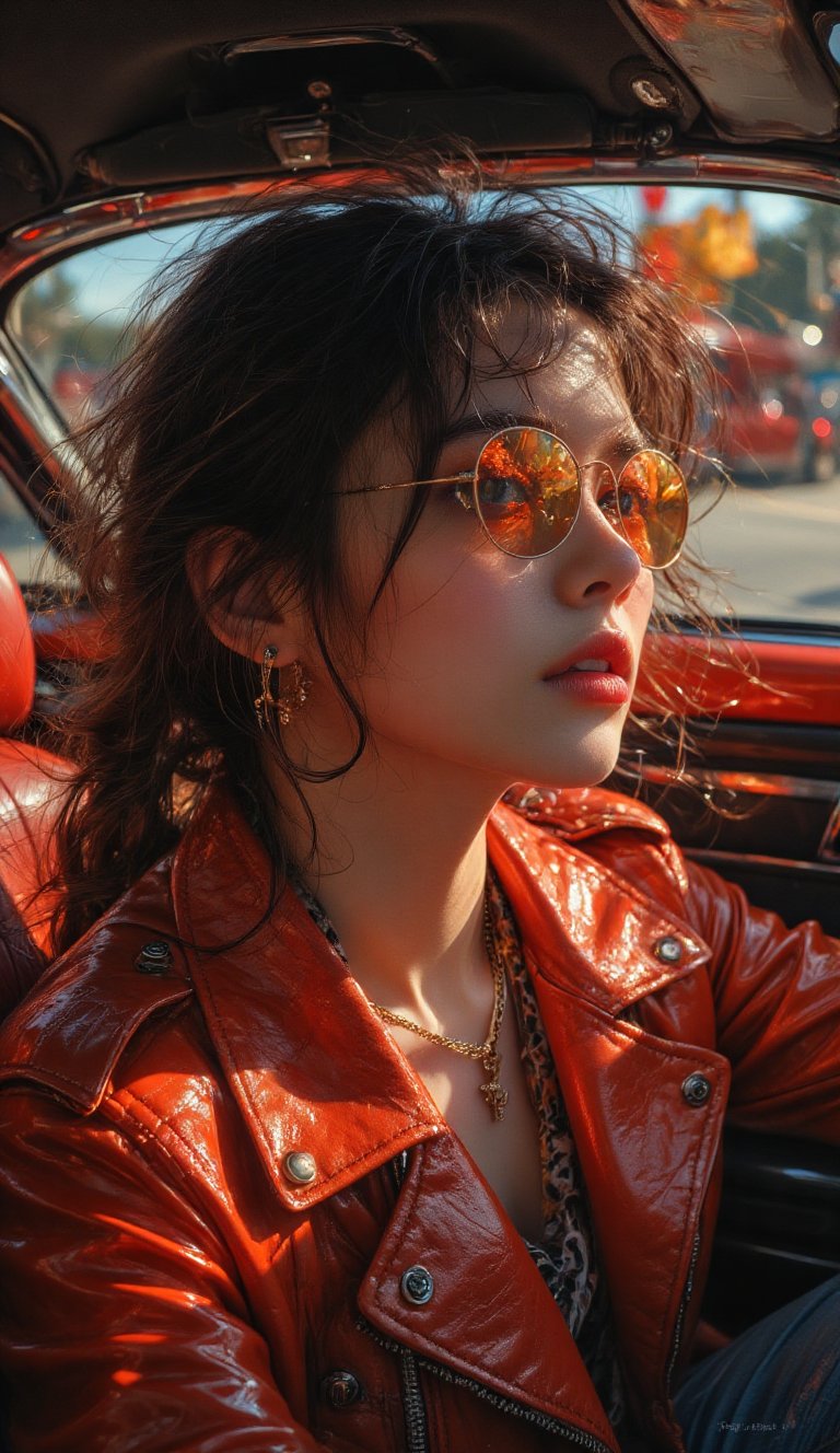 Niji-style anime illustration  : A profile view of a young woman sitting in a car front seat , captured in vibrant lighting. She has slightly wet, tousled hair and wears reflective aviator sunglasses, creating a cool, edgy look. Her outfit is a bold red leather jacket with metal buttons, complementing the red interior of the car. The lighting is intense, casting deep red and orange tones, creating a cinematic feel with soft shadows that highlight her facial features and the glossy texture of her jacket. The shot is close-up, emphasizing her calm and composed expression, while the car window frames her, adding depth to the scene.NijiXmiya,Midjourney_Whisper