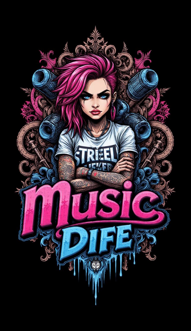 This vibrant graffiti-style digital artwork features a bold,  neon color palette of hot pink,  electric blue by Miya_Qisti...