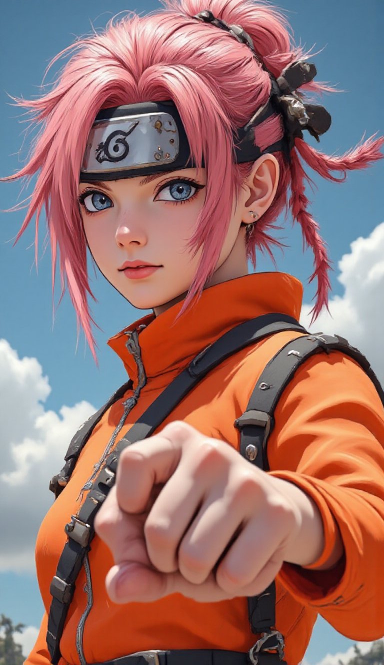 A close-up,  upper-body composition captures Sakura Haruno mid-action,  her iconic pink hair whipping dynamically against...
