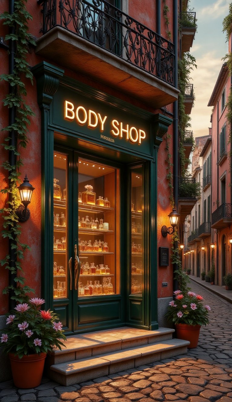 An elegant exterior view of a charming perfume shop,  *BODY SHOP*,  elegantly displayed in gleaming golden Sans Serif font...