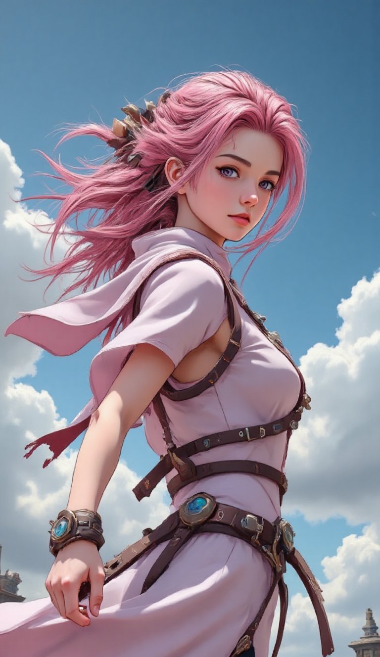 A tight upper-body shot showcases Sakura in a leaping stance,  her hair and cloak billowing in windswept arcs. High-key to...