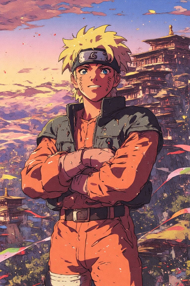 Create a retro anime-themed Naruto Uzumaki with his hair styled in spiky orange-yellow strands,  accented by a black crown...