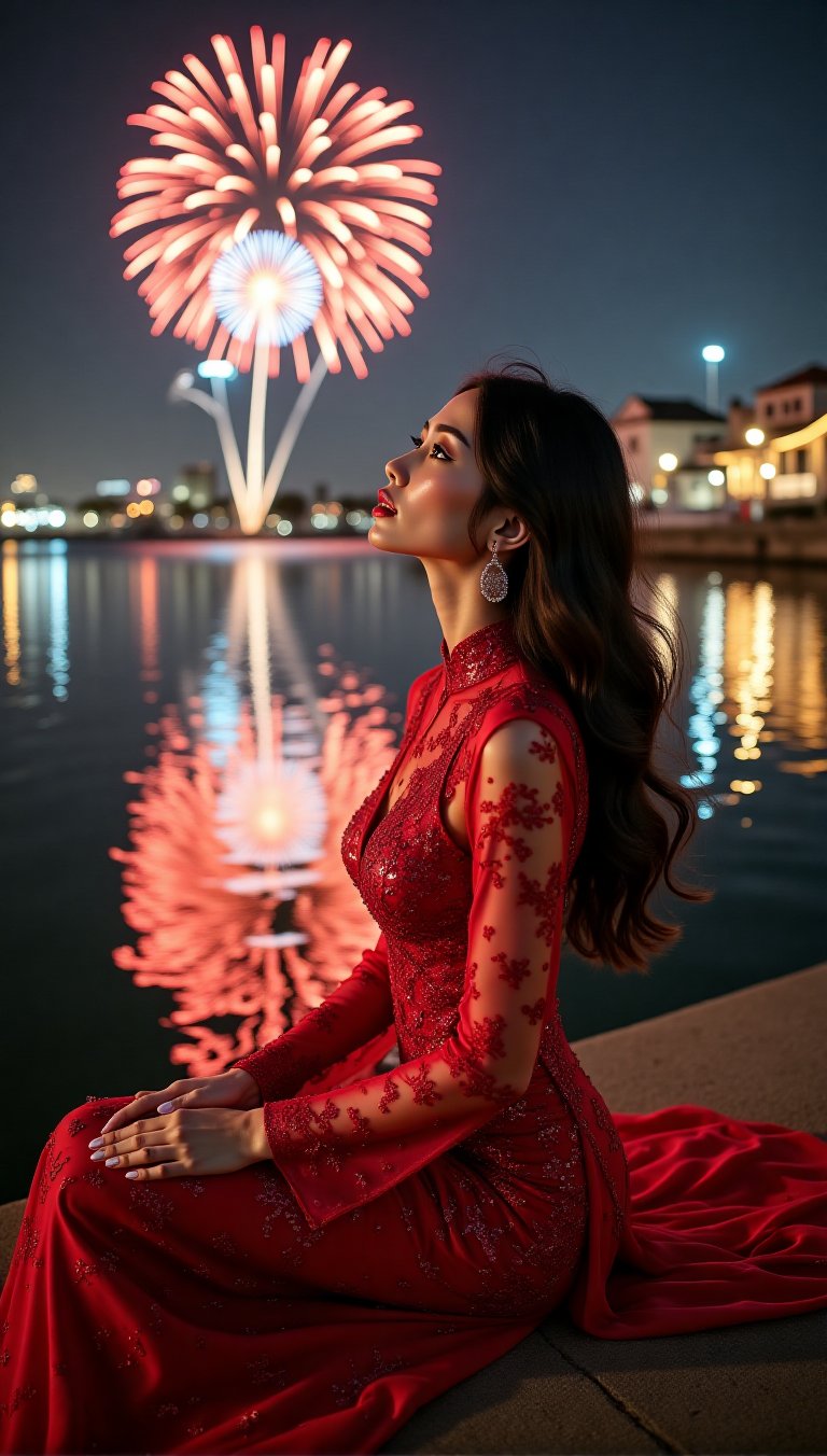 Full body shot. Night view riverbank with Ellie Lou a woman sitting on a riverbank at night,  She wears an elegant,  shimm...