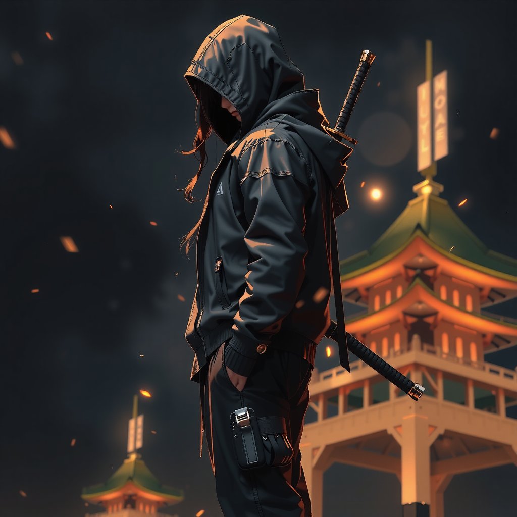 side ve of a futuristic, cyberpunk-style warrior standing with a katana in hand. The figure is dressed in a dark, baggy hooded jacket with gold accents, resembling a modern-day samurai. The warrior's face is mostly obscured by long dreadlocks and the hood. He carries another sword sheathed on his back, giving the impression of a dual-wielding fighter. The character's attire is a mix of traditional samurai elements and modern urban fashion, with loose pants and combat boots.

Golden lights and glowing particles float around the figure, creating a mysterious and intense atmosphere. The background is dark and hazy, with what appear to be pagoda-style towers in the distance, contributing to the blend of ancient and futuristic themes. The overall vibe of the image is gritty and intense, with a focus on the lone warrior and his deadly precisionek_game_3ffect,ek_ges1ba,ek_ge1frt,ek_ge1tng,ek_gm,ek_ct4k,ek_g4k,ek_real_b00ster,Anime Style,zzYor, black hair, red eyes,short hair with long locks,FluxGothicRealnime