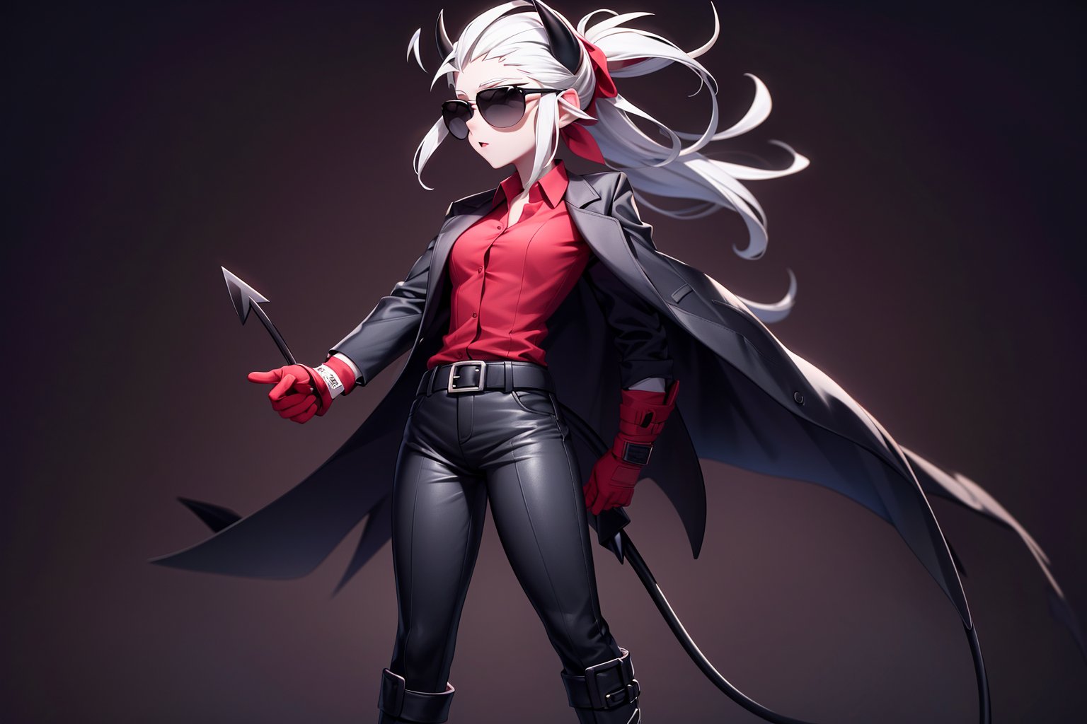 justice, horns, demon girl, demon horns,  black horns, medium hair, demon tail, dark sunglasses, short demon girl with pale skin, a black arrow-tipped tail, silvery-white hair, irises are grey,
a black tie with red shirt,
wears unbuttoned around her shoulders  a black suit jacket,
sports red fingerless gloves, 
black pants with a belt and boots,
cute, pretty, cool,
detailed,
perfect girl.
looking at viewer,
abstract art, 
ilustration,
masterpiece, 
highly detailed,
with ink brushstrokes in the background,
stunning image,  
elegant, 
dramatic, 
bold, 
intense, 
detailed, 
eye-catching,
dark background, 
3DMM,
justice(helltaker)