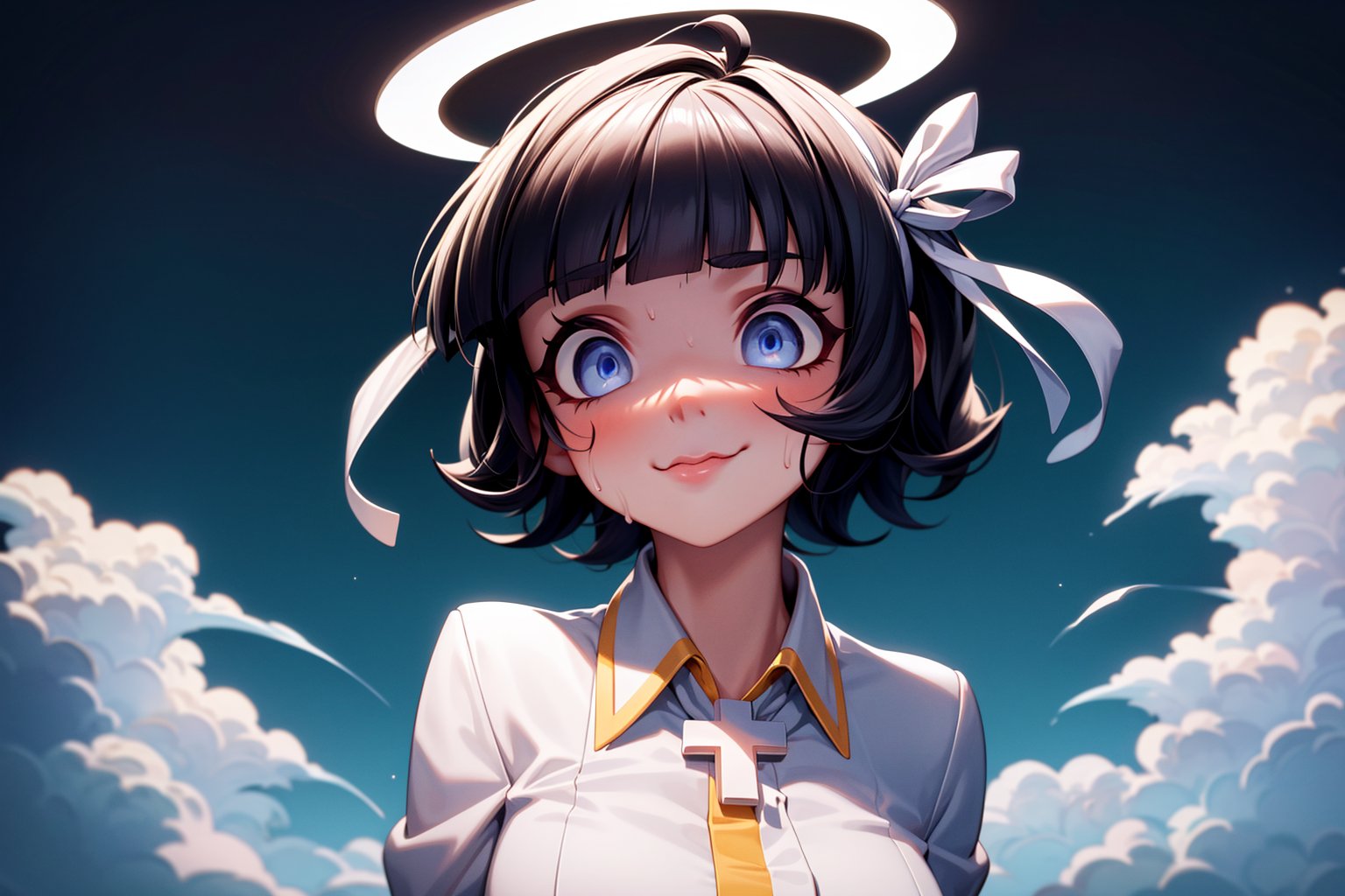 azazel(helltaker),
wavy mouth, hairband, 1girl, solo, ribbon, white shirt,  angel, halo, upper body, blue eyes, white ribbon, smile, nervous smile, cross, sweat, shirt, collared shirt, black hair, short hair, blunt bangs, hair ribbon,
wearing a white uniform, with yellow lining on her collar, sleeves, gloves, and down the middle of her shirt,
Dazed,
detailed,
perfect girl.
looking at viewer,
abstract art, 
ilustration,
masterpiece, 
highly detailed,
with ink brushstrokes in the background,
white cloud in blue sky background,
heaven background,
stunning image,  
elegant, 
dramatic, 
bold, 
intense, 
detailed, 
eye-catching,
dark background, 
3DMM,