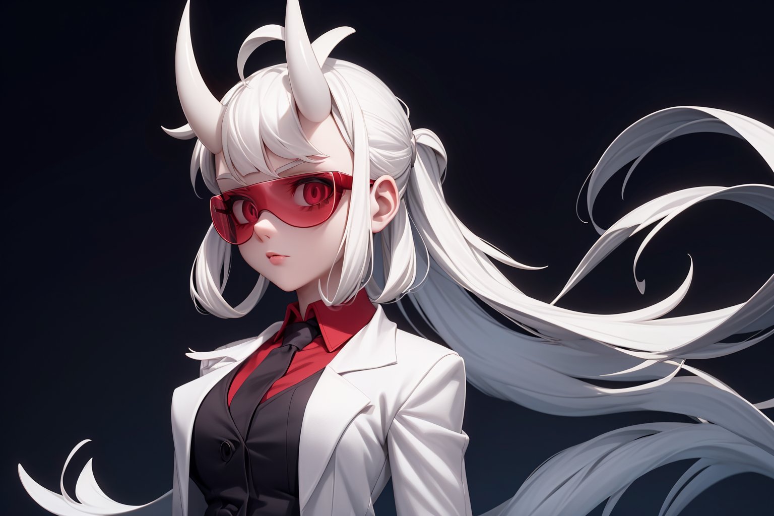 loremaster(helltaker), 
pale,
with long hair,
horns painted white.,
possesses a black arrow-tipped tail, 
wears a crimson polo shirt with a black tie under a black suit vest and gray slacks,
crimson safety glasses,
wears a white lab coat with the sleeves rolled up to expose her forearms
detailed,
perfect girl.
looking at viewer,
abstract art, 
ilustration,
masterpiece, 
highly detailed,
with ink brushstrokes in the background,
stunning image,  
elegant, 
dramatic, 
bold, 
intense, 
detailed, 
eye-catching,
dark background, 
3DMM,