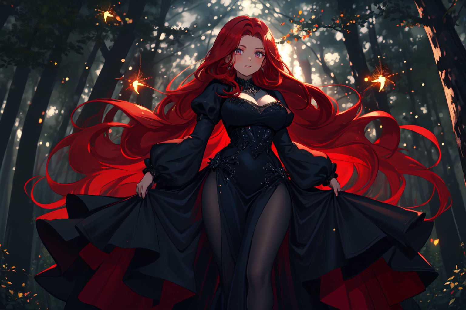 hot mature girl, sexy outfit, dark elegandtdress, long red hair, in a forest at night, darkness background with fireflies illuminate the night creating magical flashes, high quality, high resolution, high precision, realism, color correction, appropriate lighting settings, harmonious composition, masterpiece, dynamic pose, detailed, 8k, sexy full body