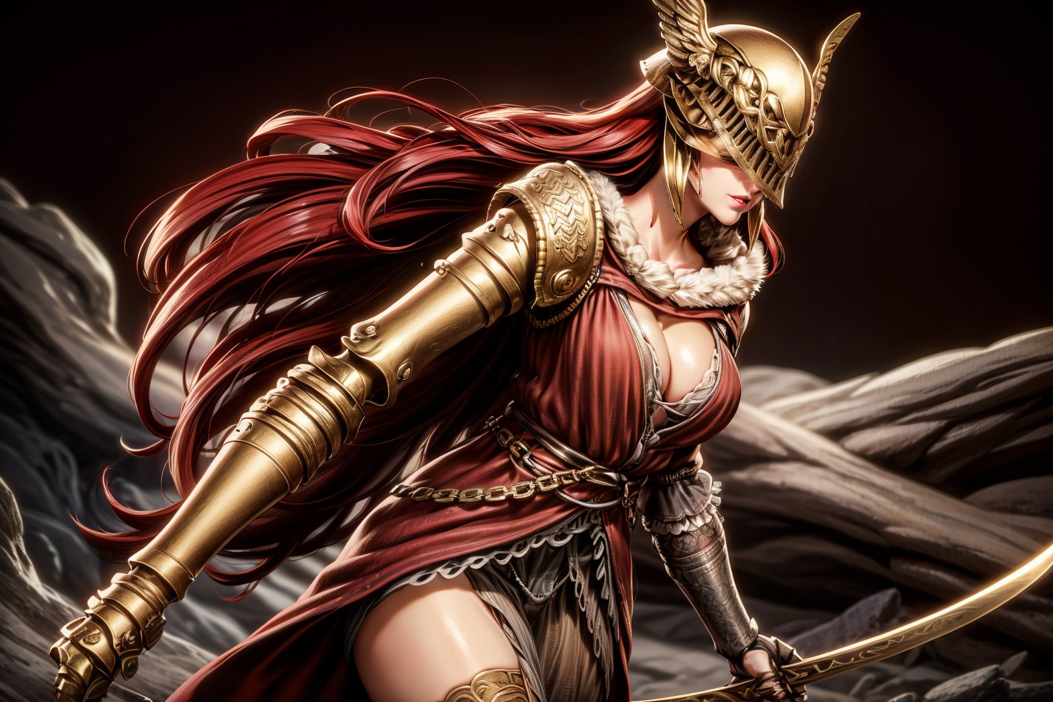 {{{masterpiece}}}, {{{best quality}}}, {{{ultra-detailed}}}, {cinematic lighting}, {illustration}, 1girl, malenia blade of miquella, detailed eyes, arm armor, sword, red hair, dynamic pose,
prosthetic arm, perfect body,jewelry, very long hair,dress,armlet,large,cleavage,bracelet,bare shoulders,looking at viewer,lips,circlet,pelvic curtain,plunging neckline,thighlet,gold,chain,armban,bangle,center opening,thigh strap,earrings,belt,hair over shoulder,sleeveless dress,hair ornament,masterpiece,best quality,ultra detailed, 8k, cinematic light,highly detailed, scenery,pose,solo,looking at viewer,3DMM