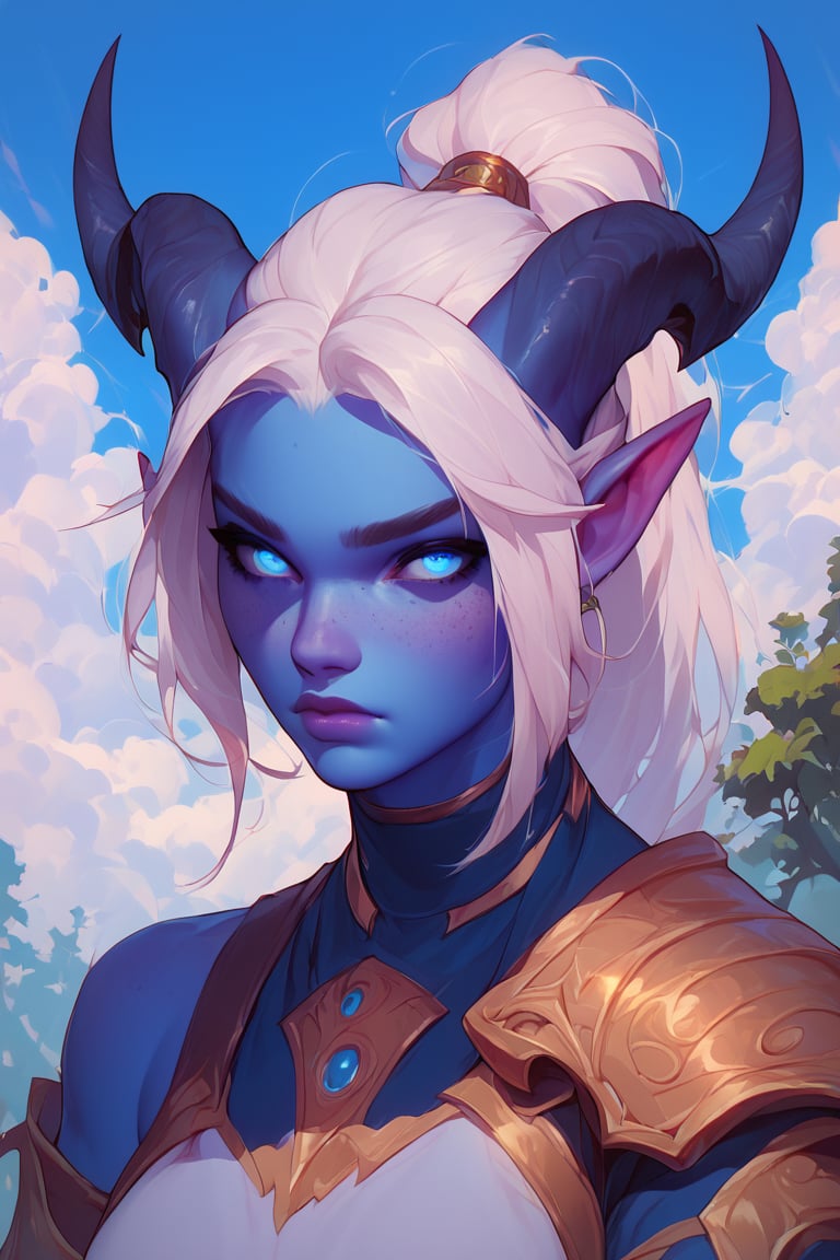 score_9, score_8_up, score_7_up, more detail XL, thick lineart, cloudy sky with trees on horizon, solo, tiefling, blue skin, white hair, horns, fit, blue eyes, freckles, white hair, ponytail, light armor, bust portrait
