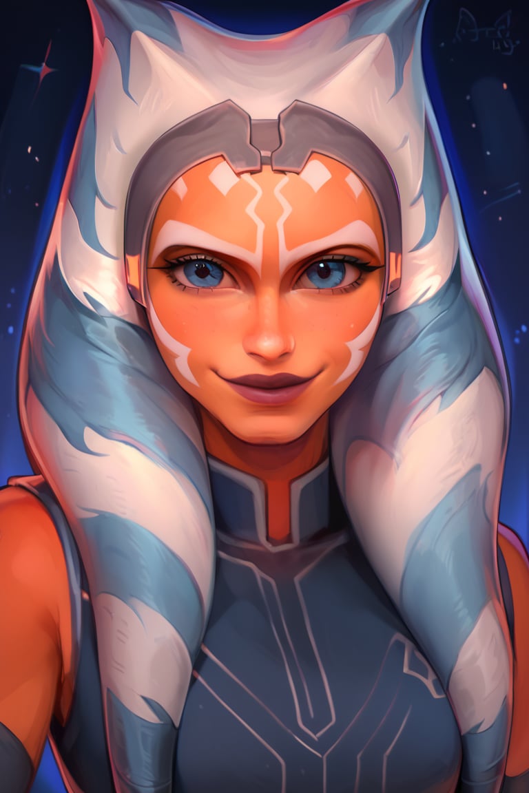 score_9, score_8_up, score_7_up, 4RCH0N, more detail XL, star wars background, AhsS7, grey headband, Outfit1, blue shirt, sleeveless, vambraces, fingerless gloves, half body portrait, soft smile, looking_at_viewer, upshot
