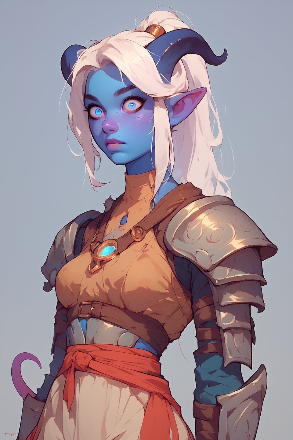 score_9, score_8_up, score_7_up, more detail XL, thick lineart, solo, tiefling, blue skin, white hair, horns, fit, small waist, blue eyes, wide eyes, freckles, white hair, ponytail, tail, armor
