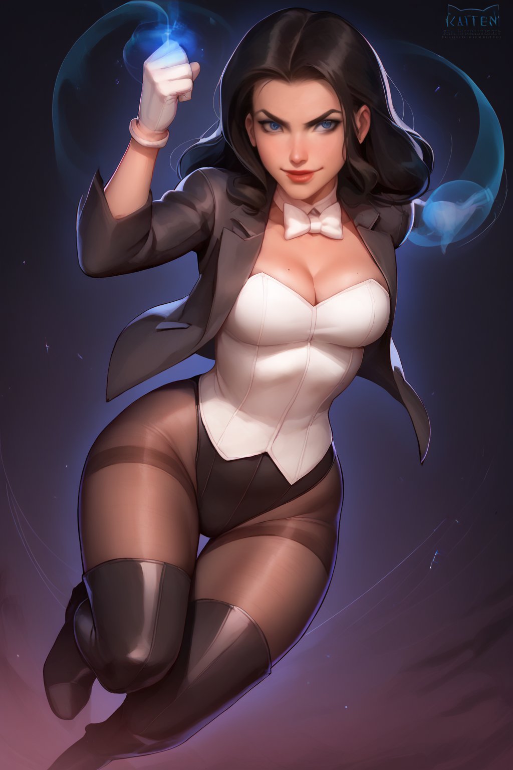 score_9, score_8_up, score_7_up, 1girl, 4RCH0N, dark background, contrast, zatanna, black hair, blue eyes, full_body, leotard, cleavage, pantyhose, thigh high boots, jacket, white gloves, white bowtie, blue magic, flying action pose, high angle, motion lines, foreshortening, motion blur, skindentation, dark eyeshadow, fit, evil smirk, looking_at_viewer
