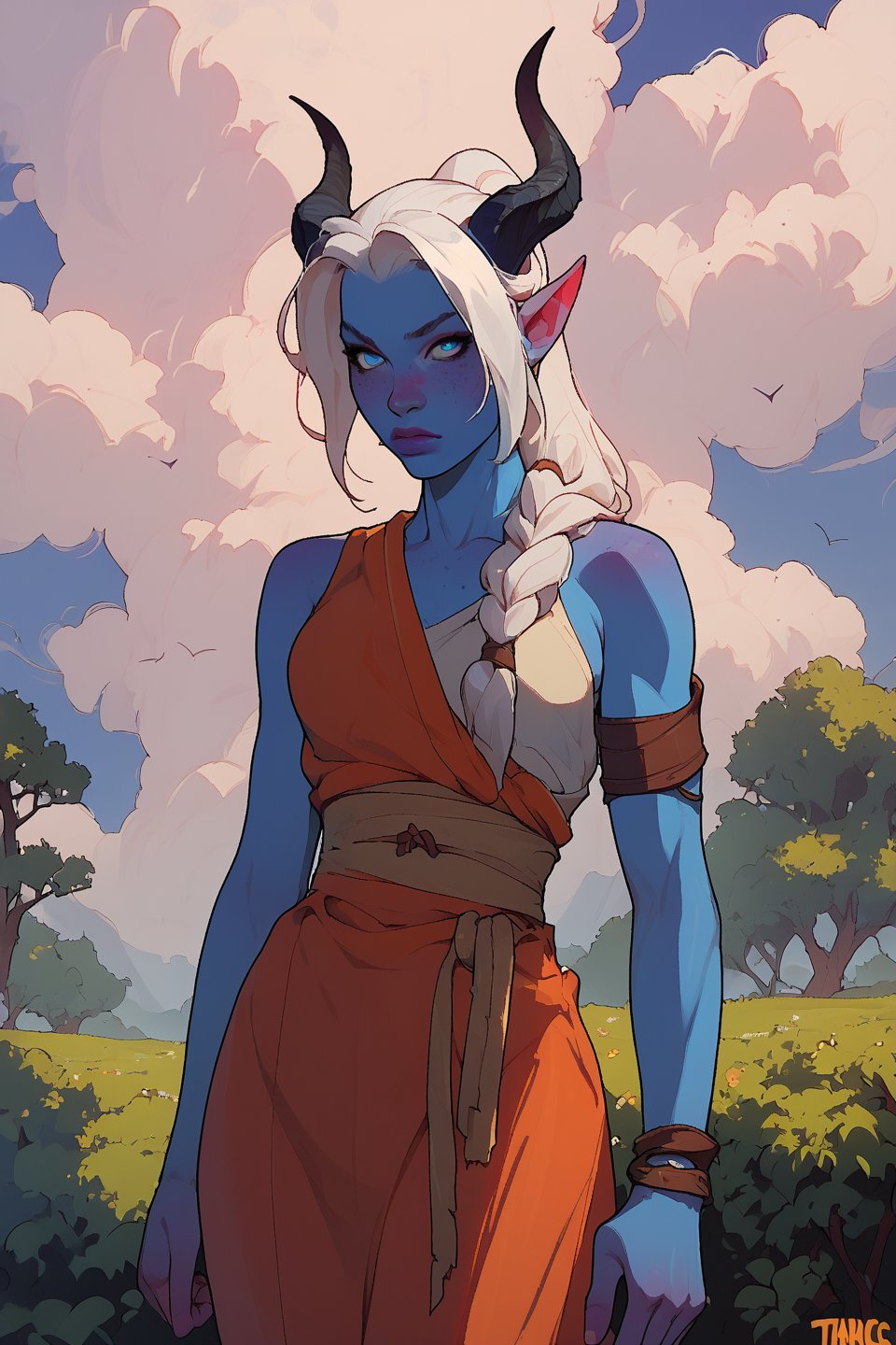 score_9, score_8_up, score_7_up, more detail XL, thick lineart, cloudy sky with trees on horizon, solo, tiefling, blue skin, white hair, horns, fit, blue eyes, freckles, white hair, ponytail, cowboy_shot
