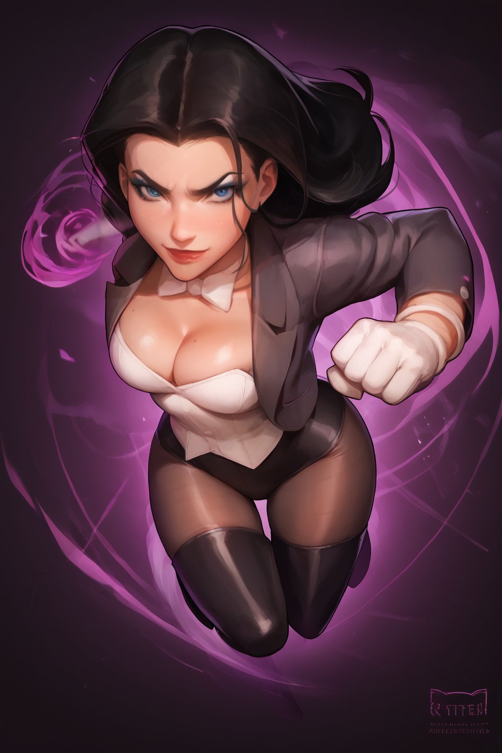 score_9, score_8_up, score_7_up, 1girl, 4RCH0N, dark abstract background, contrast BREAK zatanna, black hair, blue eyes, full_body, cleavage, pantyhose, thigh high boots, jacket, white gloves, bowtie, purple magic, flying action pose, view_from_above, high angle, oiled, motion lines, foreshortening, motion blur, skindentation, dark eyeshadow, fit, evil smirk, looking_at_viewer