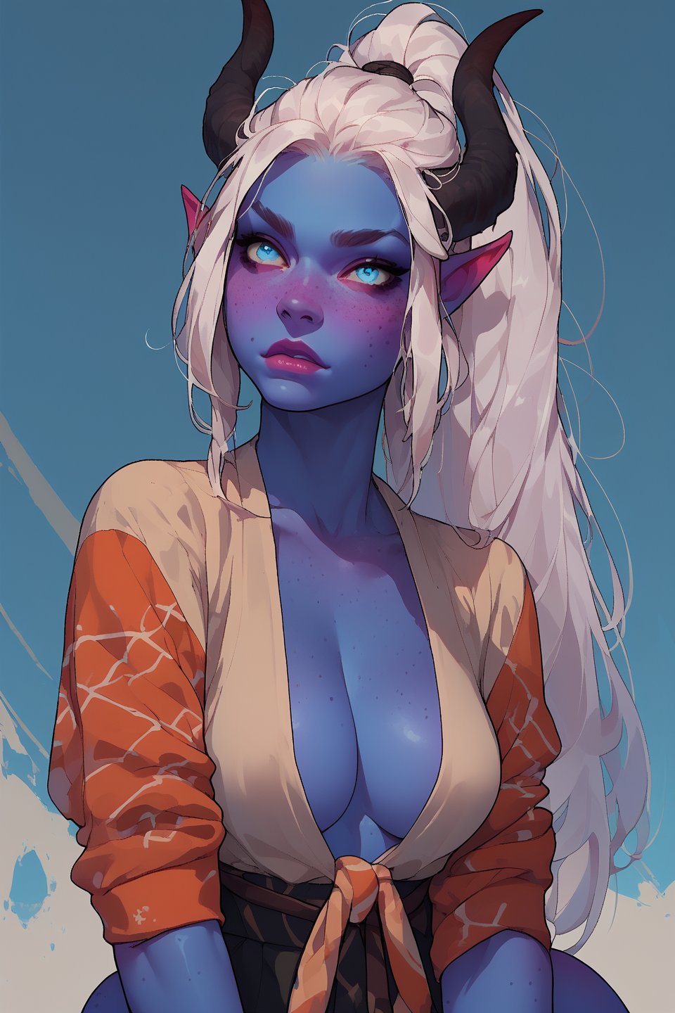 score_9, score_8_up, score_7_up, more detail XL, thick lineart, solo, tiefling, blue skin, white hair, horns, fit, blue eyes, freckles, white hair, ponytail, tail
