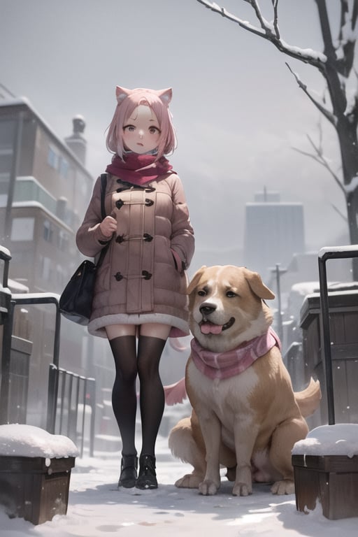 Rosebud snow buddies, golden brown hair, black eyes, bob hair, forehead, dog ears, dog tail, dog nose, pink coat, pink scarf, golden brown dress, pink hair bow, golden brown stockings, snow outdoors, very cold outdoors, sky, snowy, cloudy sky, anime waifu style