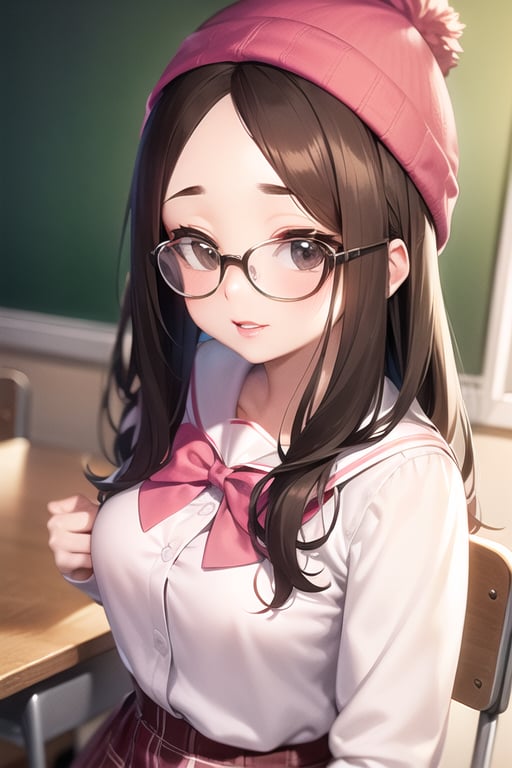 meg griffin, brown hair, black eyes, bob hair, glasses, forehead, pink beanie, round glasses, red lips, black-framed eyewear, pink skirt, white shirt, long sleeves, school uniform, pink sailor collar, pink bowtie, classroom, school, cute, anime waifu style