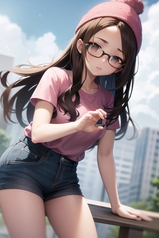 meg griffin, brown hair, black eyes, glasses, bob long hair, pink beanie, round glasses, black-framed eyewear, pink shirt, blue pants, short sleeves, sharp focus, perfect hands, solo, forehead, outdoors, sky, cloudy sky, anime waifu style