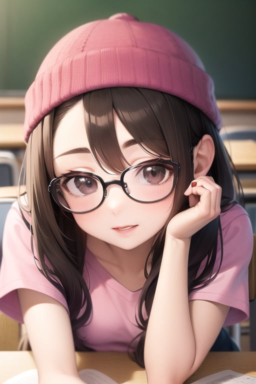 meg griffin, brown hair, black eyes, bob hair, forehead, pink beanie, round glasses, red lips, black-framed eyewear, pink shirt, blue pants, short sleeves, classroom, school, cute, anime waifu style