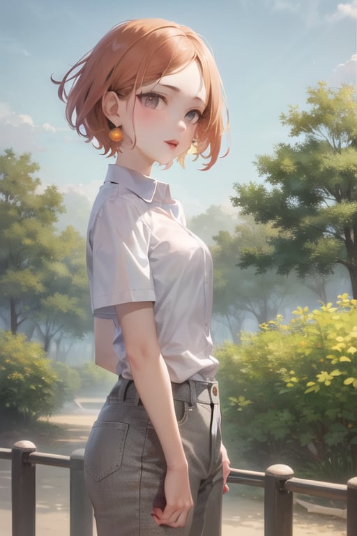  1girl,lois, blue earrings, short hair,solo, lipstick, orange hair, aqua shirt,beige pants, short sleeves, collared shirt, pearl earrings, forehead, black eyes, red lips, outdoors, sky, cloudy sky, anime waifu style