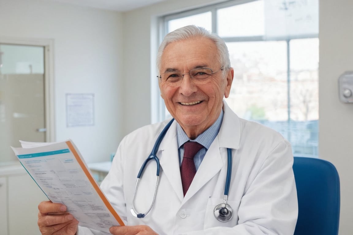 An elderly doctor in a clinic, smiling and holding a health report