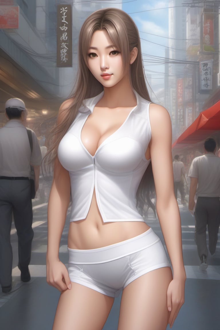 "A highly detailed and high-quality masterpiece. A sexy Japanese girl with J-cup breasts and facial features resembling Norika Fujiwara. She is wearing a tight white silk transparent bra and tight white silk short yoga pants, with white high heels. She has long, flowing hair over her shoulders. The full-body front view of the girl is standing on a bustling street in Tokyo."