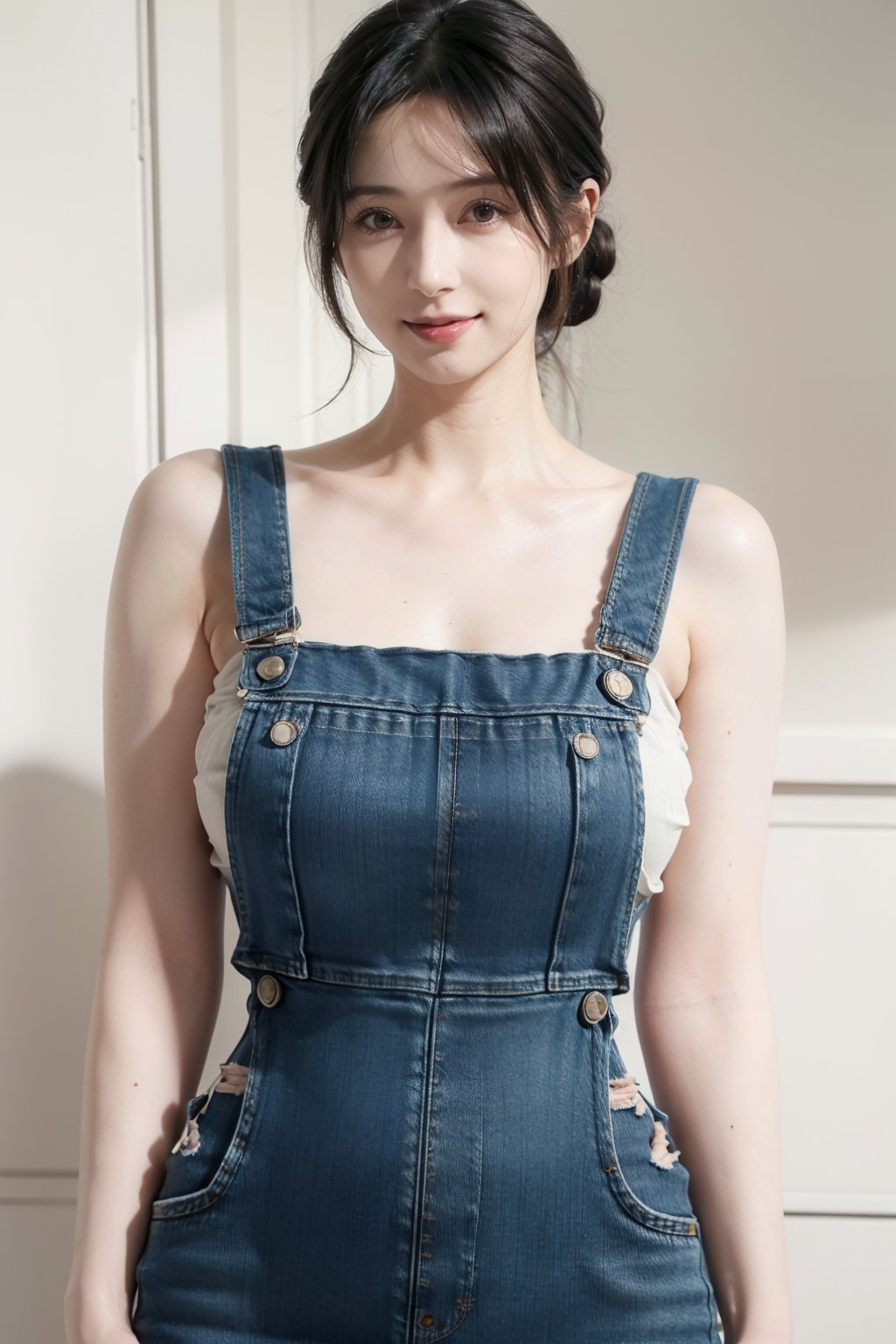 Jukujo,solo,photorealistic,ultra high res,(Random_hairstyle:1.6),(50 years old mature female:1.3),(short and black hair),huge breasts, detail eyes,detail skin,(pale_skin:1.4),smile,
(Denim overall sundress:1.4),milf