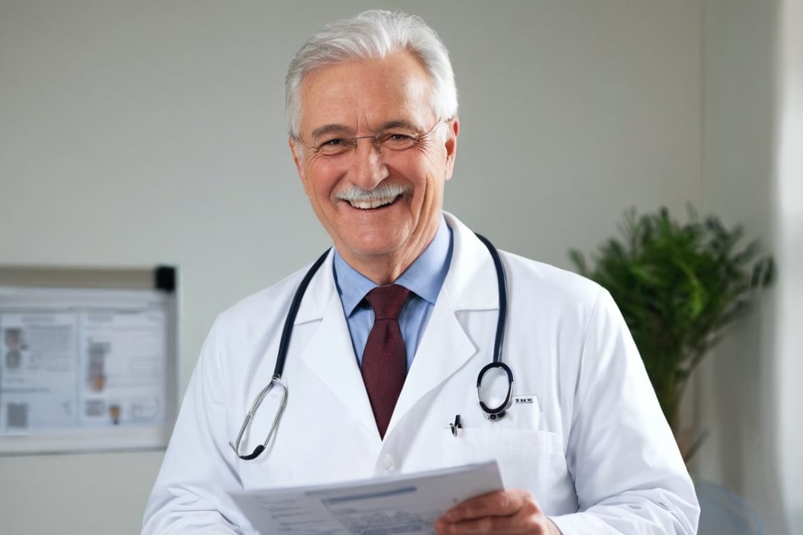 An elderly doctor in a clinic, smiling and holding a health report