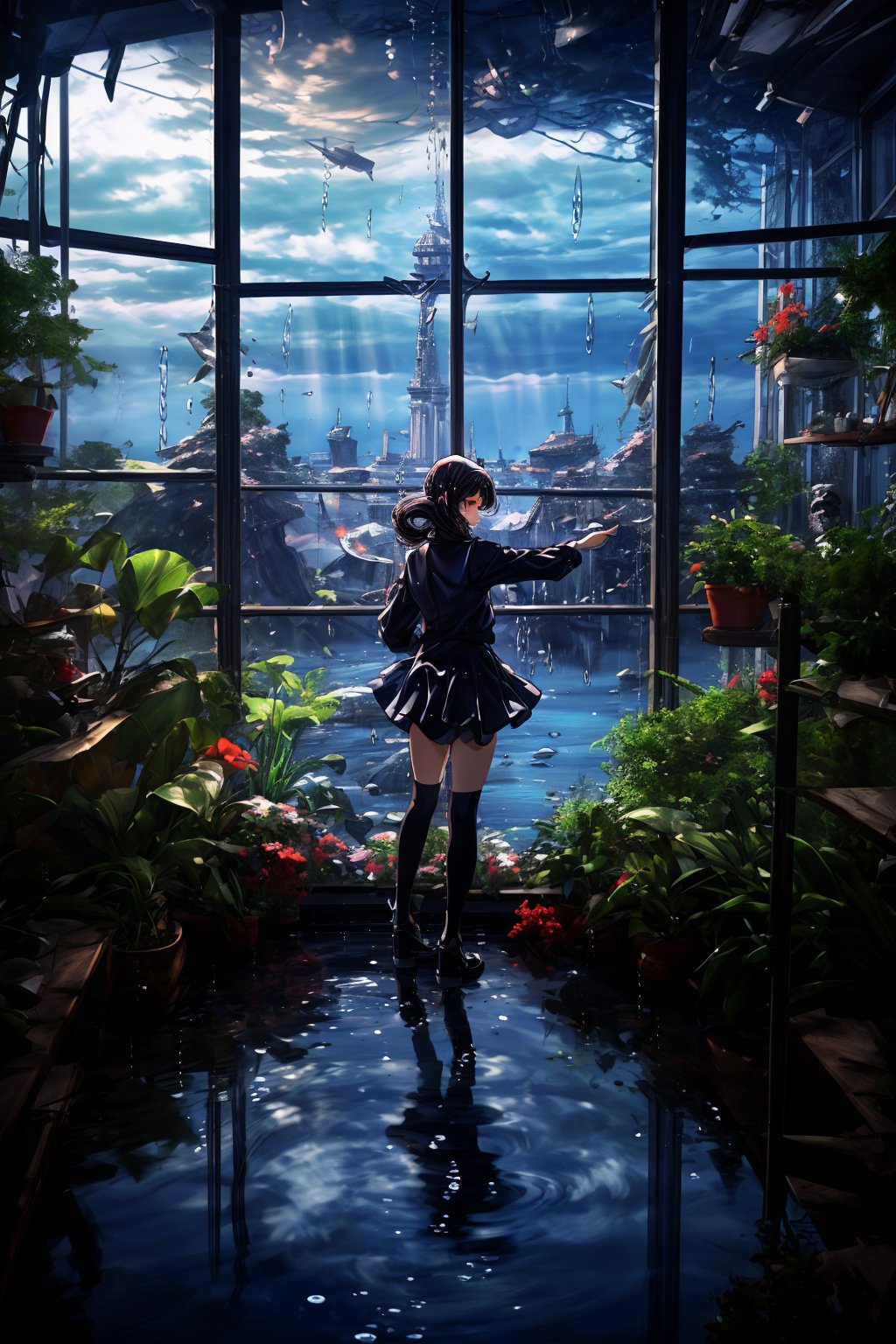 In a huge glass house. 
A girl with long blue curly hair stood before the enormous glass window. Touching the glass, the detailed hand.
Her adorable face pressed against the cool surface, gazing joyfully outside. Her eyes sparkled with delight as she focused intently on the water drops that fell on the window and flowed down in tiny streams. 

Behind the girl, the reflection on the floor transition into a full-fledged underwater scene
A giant shadow shimmering with the changing light, belong to the whale swim outside the window , loomed over her whole body.

ocean world outside the glass house.
the raindrops dance and swirl into fantastical shapes. 

(Fantasy painting, delicate anime, overhead scene, girl protagonist, solo girl.)(Delicate, glistening droplets of water.)