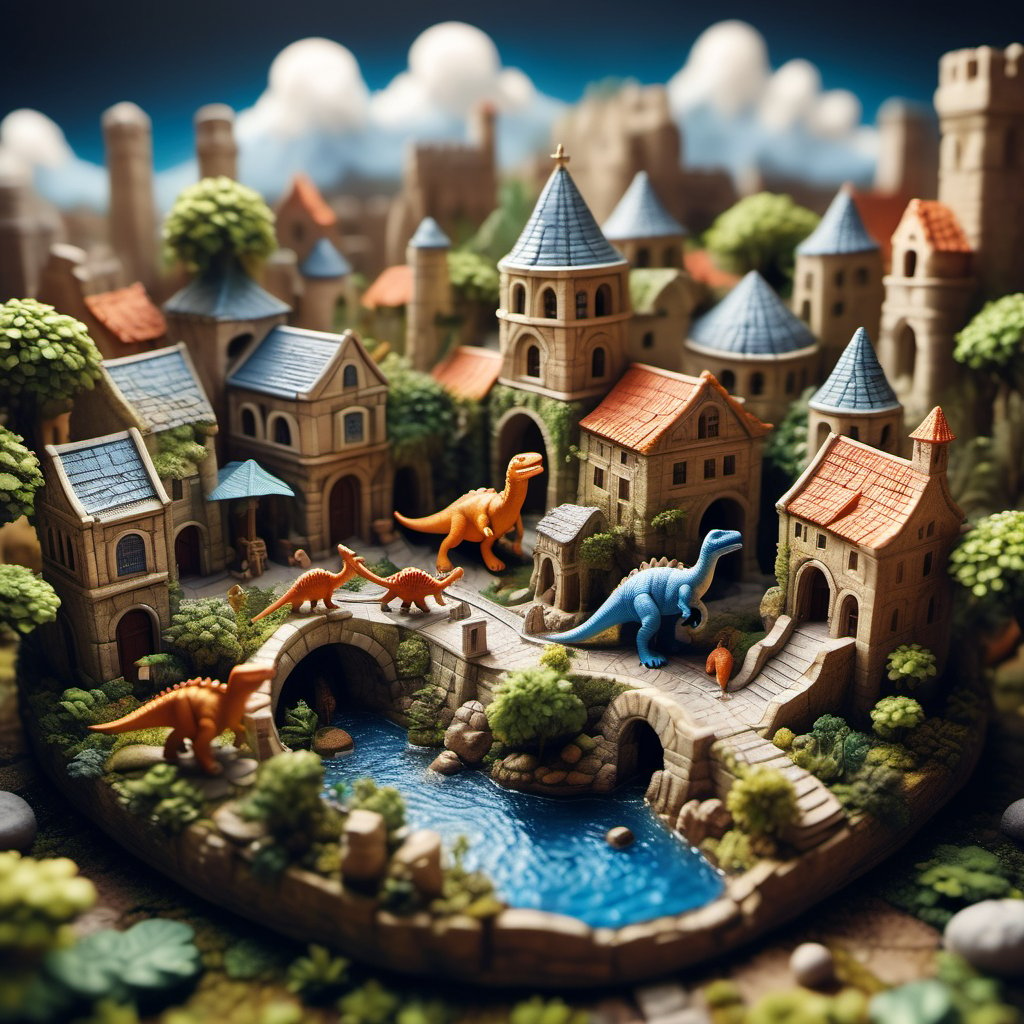 An illustration of a micro-world in a Delicate and realistic style. DA fantasy world depicting a bustling medieval Greek city where dinosaurs are pets that blend into the streetscape and live with the people.

The scene is a miniature artwork, resembling Pocket art that began as a game played by the German court nobility in the 16th century, and later spread from Holland to England, where it flourished and then spread to the United States and Canada.

Lively and bright atmosphere, detailed interactive scenes
(micro-world)(Dinosaur as pet)(Empire)(Pocket art)