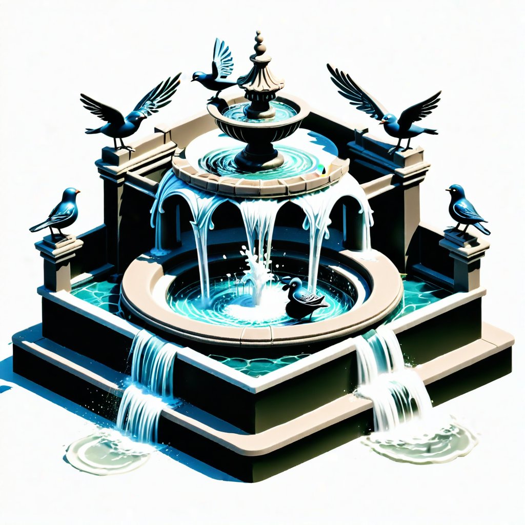 European Palace Fountain, Artwork, Renaissance, Sculpture, isometric, miniature, tilt shift, Th3Dru1d5. birds are bathing.
simple and light background.