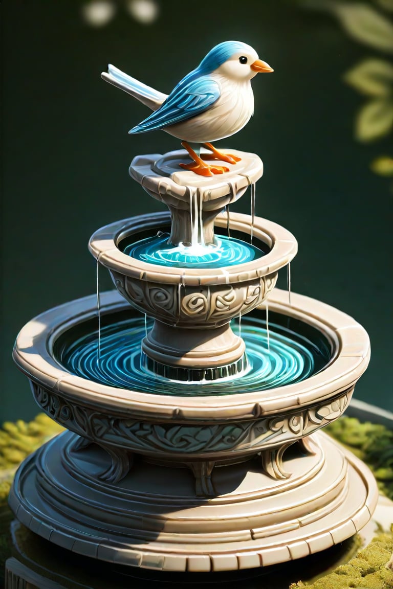 European Fountain, Artwork, Renaissance, Sculpture.  (Fountain design. tiered fountain.) (isometric, miniature, tilt shift, Th3Dru1d5.) Cute and vivid birds are bathing.

Fountain design incorporating birdbath.
The bird bath is ornately decorated with patterns that resemble embossing or engraving, giving it an antique appearance. It is colored in a stone-white, suggesting it may be made of stone. The bowl of the bath contains water, and it's filled with rounded pebbles at its base, which could serve as a stable surface for birds. A bird is perched on the edge of the bath, indicating the function of the object. 