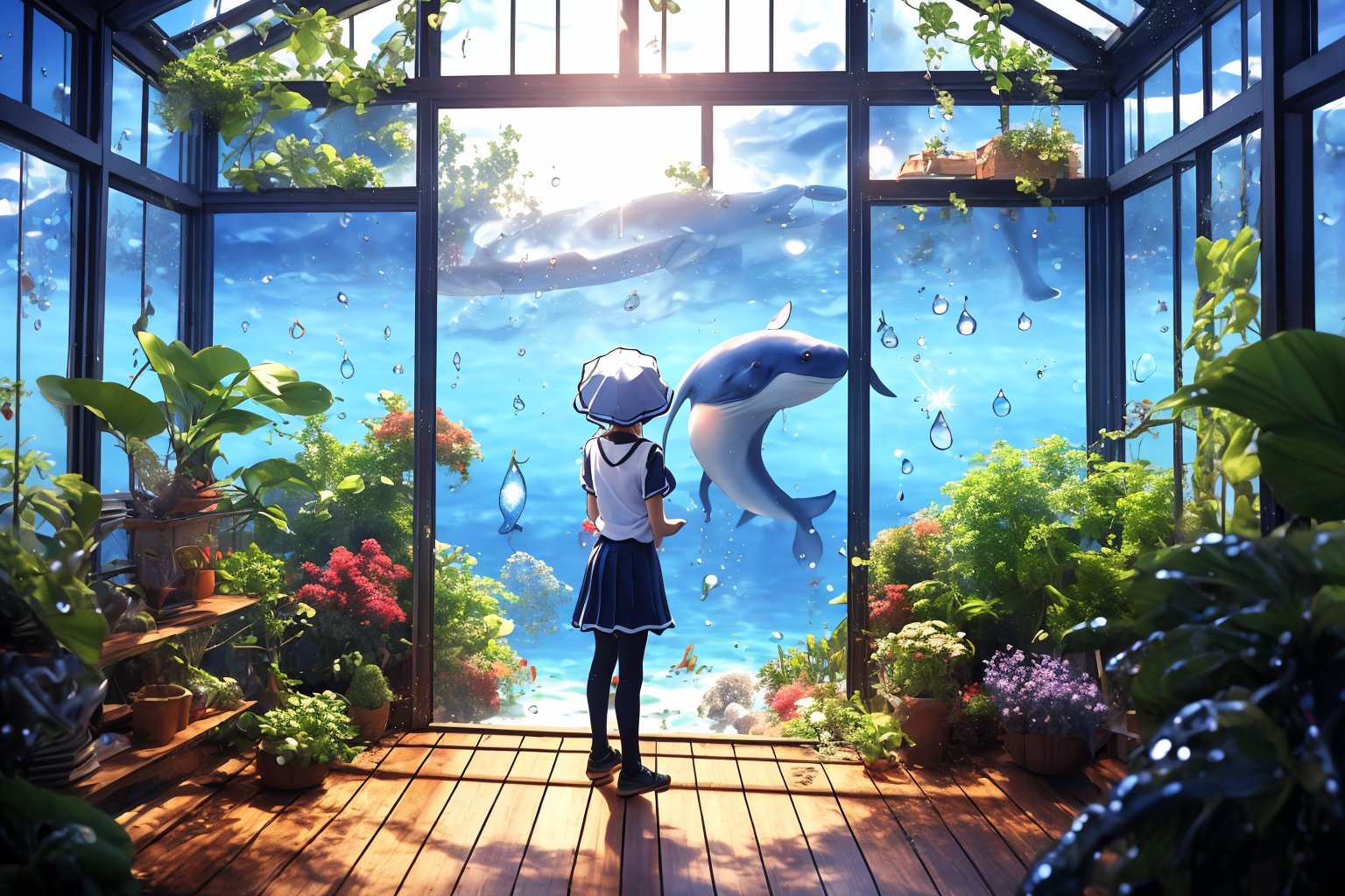 In a majestic glass house, where transparent walls harmonize with the ocean's serenity, a petite girl with vibrant blue curls stands at the edge of the vast window. Her slender hand delicately presses against the cool glass as she gazes in wonder at the mesmerizing raindrops. Each droplet dances and swirls into whimsical shapes, refracting light and casting tiny rainbows across her upturned face. The underwater world outside is a kaleidoscope of blues and greens, with the giant whale's shadow looming. As the sunlight filters through the glass, it casts an ethereal glow on the scene below, where schools of fish dart and seaweed sway in harmony with the ocean's rhythms. lost in the magic of the rain-kissed glass and the secrets of the sea. (Fantasy painting, delicate anime, overhead scene, solo girl.)(Delicate, glistening droplets of water.)