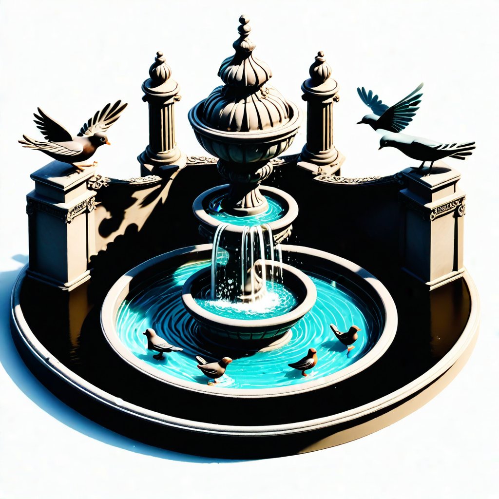 European Palace Fountain, Artwork, Renaissance, Sculpture, isometric, miniature, tilt shift, Th3Dru1d5. birds are bathing.
simple and light background.