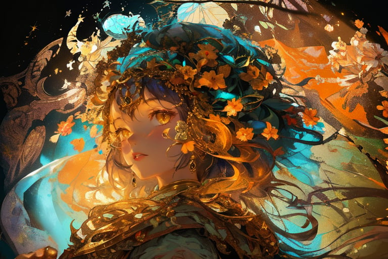 story, a praying fairy, face with tears ((Side view)), ((full body)), attractive and pure eyes, golden eyes, (delicate features), flowing long hair, glistening tears, dramatic lighting, platinum and light purple hair reflecting light, Mucha style, mural, traces of war, early morning—an abandoned medieval European-style royal palace hall in ruins. The scene depicts crumbling pillars, tattered tapestries, broken chandeliers, and overgrown vegetation reclaiming the space. Sunlight filters through shattered stained glass windows, casting eerie yet beautiful patterns on the dilapidated walls and floor, evoking a sense of ancient grandeur lost to time. elaborate scene style, glitter, realistic style, 8k, exposure blend, medium shot, bokeh, (hdr:1.4), high contrast, (cinematic, dark orange and white film), (muted colors, dim colors, soothing tones:1.3), low saturation, (hyperdetailed:1.2), (noir:0.4), whole body, perfect light, Detail,fashion_girl,(masterpiece,bj_elegant