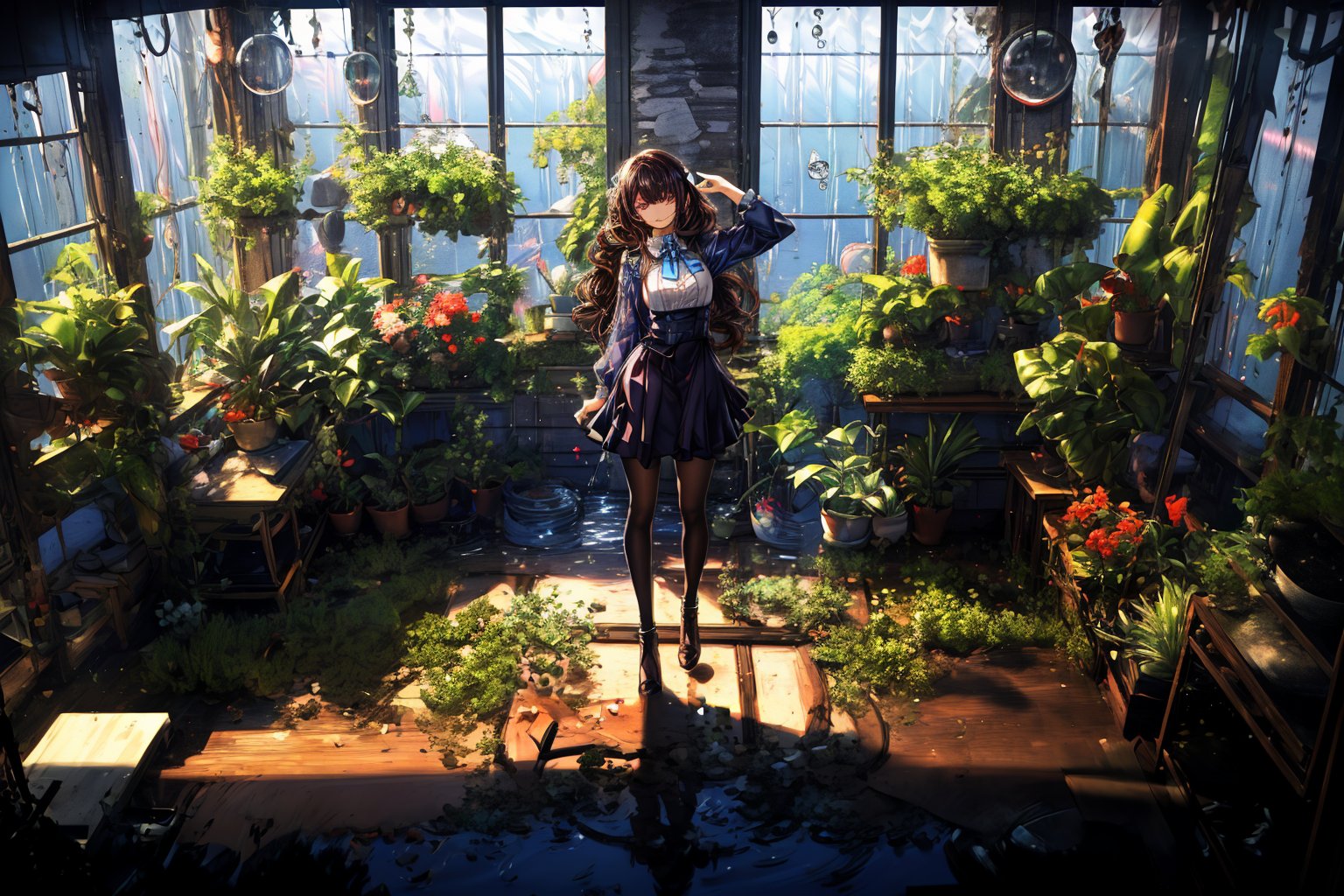 (In a huge glass house. A girl with long blue curly hair stood before the enormous glass window. Touching the glass, the detailed hand.) 
(close up her shining eyes. solo girl)
Her adorable face pressed against the cool surface, gazing joyfully outside. Her eyes sparkled with delight as she focused intently on the water drops that fell on the window and flowed down in tiny streams. 

Behind the girl, the reflection on the floor transitions into a full-fledged underwater scene. A giant shadow shimmering with the changing light, belonging to the whale swimming outside the window.
Ocean world outside the glass house. The raindrops dance and swirl into fantastical shapes. 
(Fantasy painting, delicate anime, Overhead view, closes in.)(Delicate, glistening droplets of water.)