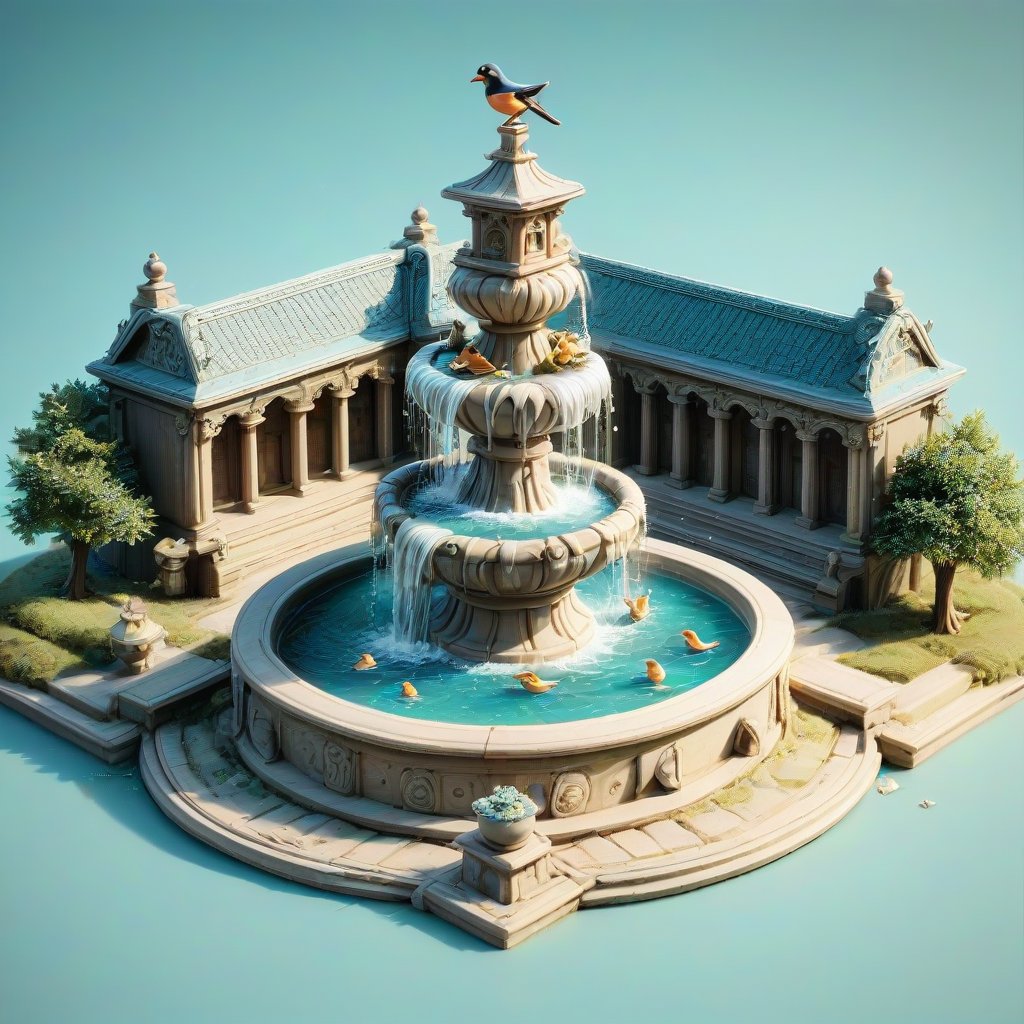 European Palace Fountain, Artwork, Renaissance, Sculpture, isometric, miniature, tilt shift, Th3Dru1d5. birds are bathing.
simple and light background.