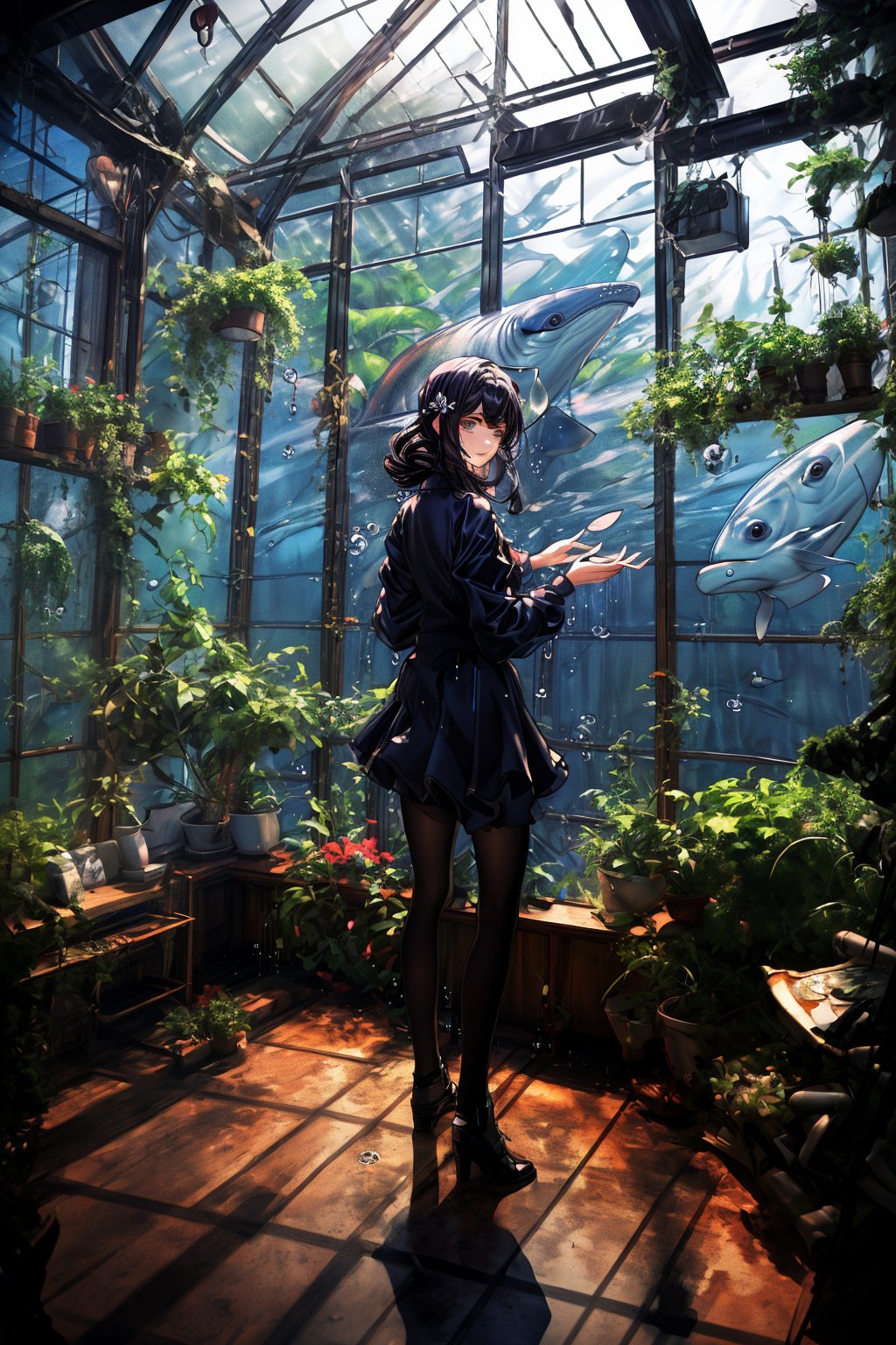 In a huge glass house. 
A girl with long blue curly hair stood before the enormous glass window. Touching the glass, the detailed hand.
Her adorable face pressed against the cool surface, gazing joyfully outside. Her eyes sparkled with delight as she focused intently on the water drops that fell on the window and flowed down in tiny streams. 

Behind the girl, the reflection on the floor transition into a full-fledged underwater scene
A giant shadow shimmering with the changing light, belong to the whale swim outside the window , loomed over her whole body.

ocean world outside the glass house.
the raindrops dance and swirl into fantastical shapes. 

(Fantasy painting, delicate anime, overhead scene, girl protagonist, solo girl.)(Delicate, glistening droplets of water.)