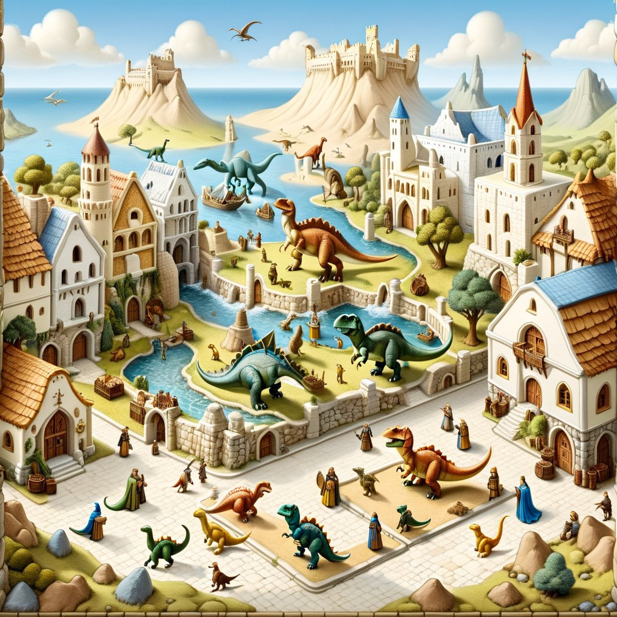 An illustration of a micro-world in a Delicate and realistic style. DA fantasy world depicting a bustling medieval Greek city where dinosaurs are pets that blend into the streetscape and live with the people.

The scene is a miniature artwork, resembling Pocket art that began as a game played by the German court nobility in the 16th century, and later spread from Holland to England, where it flourished and then spread to the United States and Canada.

Lively and bright atmosphere, detailed interactive scenes
(micro-world)(Dinosaur as pet)(Empire)(Pocket art)