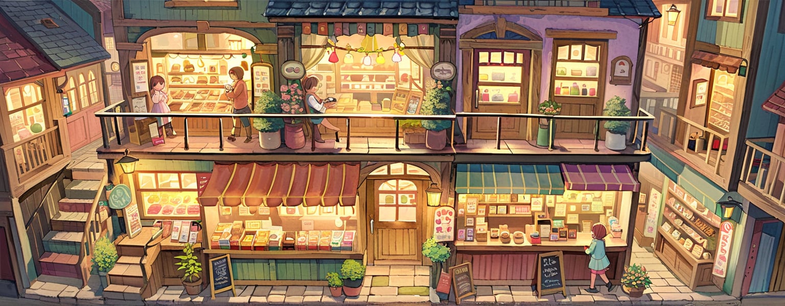 A cozy and cute street filled with various stores, including coffee shops, music stores, clothing stores, barber shops, drink stores, and food stalls. The street is bustling with small animals walking, chatting, buying, and eating. The scene captures the charm of a micro-world or dollhouse, featuring funny interactions, cute actions, and a sense of childish fun.
(micro-world)(dollhouse)