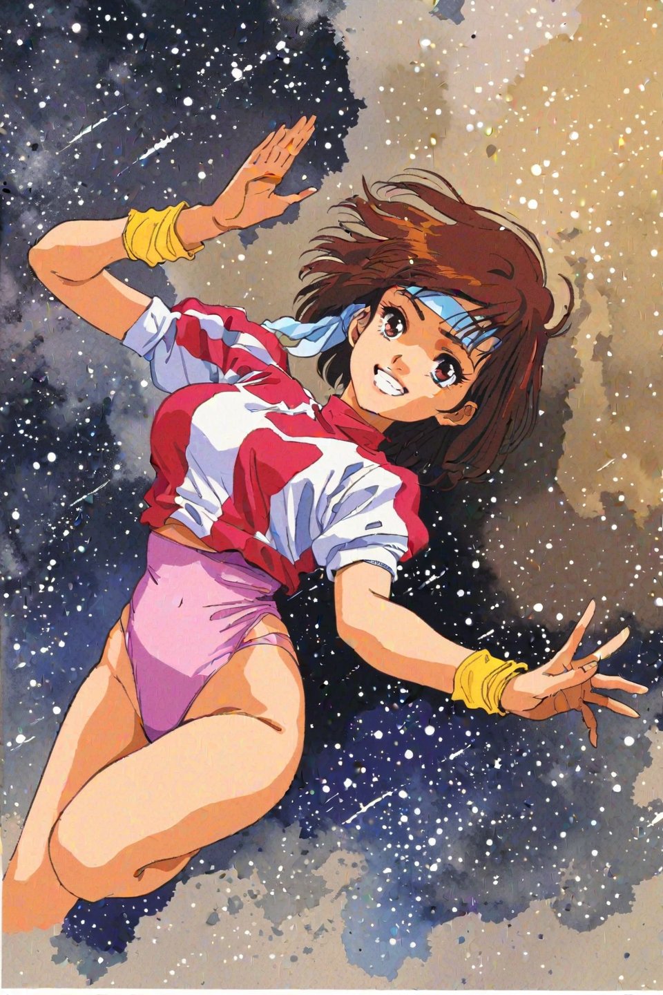 high resolution,highly detailed illustrations,best quality,detailed beautiful eyes,high resolution,highly detailed illustrations,best quality,detailed beautiful eyes,Noriko Takaya,1girl,headband,solo,short hair,smiling,retro artstyle,brown hair,light blue headband,long headband,yellow wristband,(pink high leg leotard),(white turtleneck T-shirt,short sleeves,puffysleeves),space, milky way,earth, planet,Dramatic shadows, dynamic poses,watercolor_(medium)