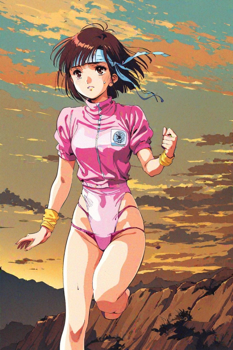 high resolution,highly detailed illustrations,best quality,detailed beautiful eyes,high resolution,highly detailed illustrations,best quality,detailed beautiful eyes,Noriko Takaya,1girl,headband,solo,short hair,retro artstyle,sweat,brown hair,light blue headband,long headband,yellow wristband,(pink high leg leotard),(white turtleneck T-shirt,short sleeves,puffysleeves),sunrise,Running,girl running along the coast,watercolor_(medium)