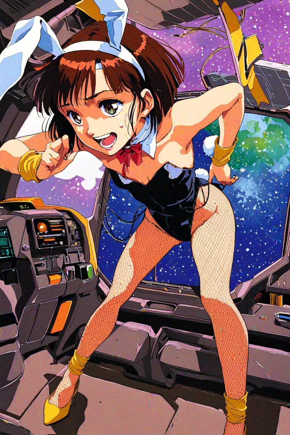 high resolution,highly detailed illustrations,best quality,detailed beautiful eyes,high resolution,highly detailed illustrations,best quality,detailed beautiful eyes,Noriko Takaya,1girl,headband,solo,medium hair,(flat chest),retro artstyle,sweat,cockpit,brown hair,light blue headband,long headband,yellow wristband,(playboy bunny),fishnet pantyhose, high heels,robot,mecha,sitting in the cockpit,(All-sky ambient monitor),lots of wiring,(cord connected to body:1.1),(wires are connected to the body:1.1), BREAK space, milky way,earth, planet,watercolor_(medium),laughing,open mouth,leaning forward,(halloween),halloween costume,rabbit tail,