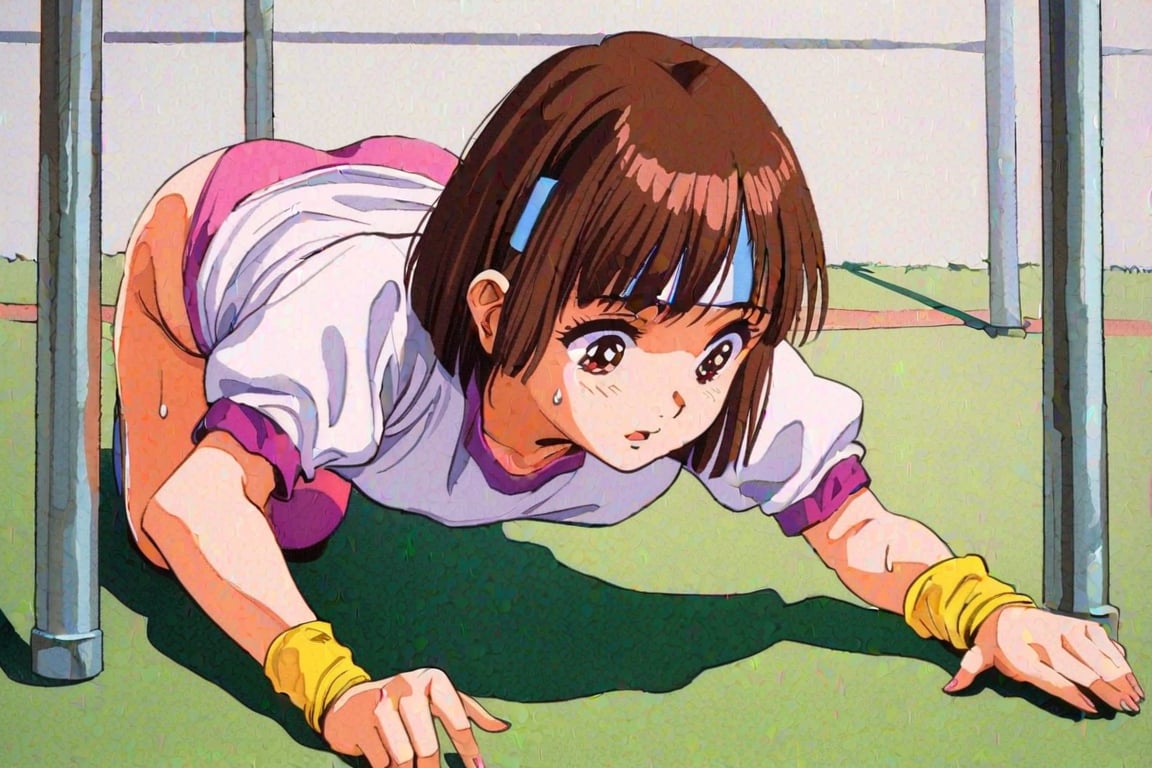 high resolution,highly detailed illustrations,best quality,detailed beautiful eyes,high resolution,highly detailed illustrations,best quality,detailed beautiful eyes,Noriko Takaya,1girl,headband,solo,short hair,retro artstyle,sweat,brown hair,light blue headband,long headband,yellow wristband,(pink high leg leotard),(white turtleneck T-shirt,short sleeves,puffysleeves),Doing push-ups,school playground,watercolor_(medium),looking down