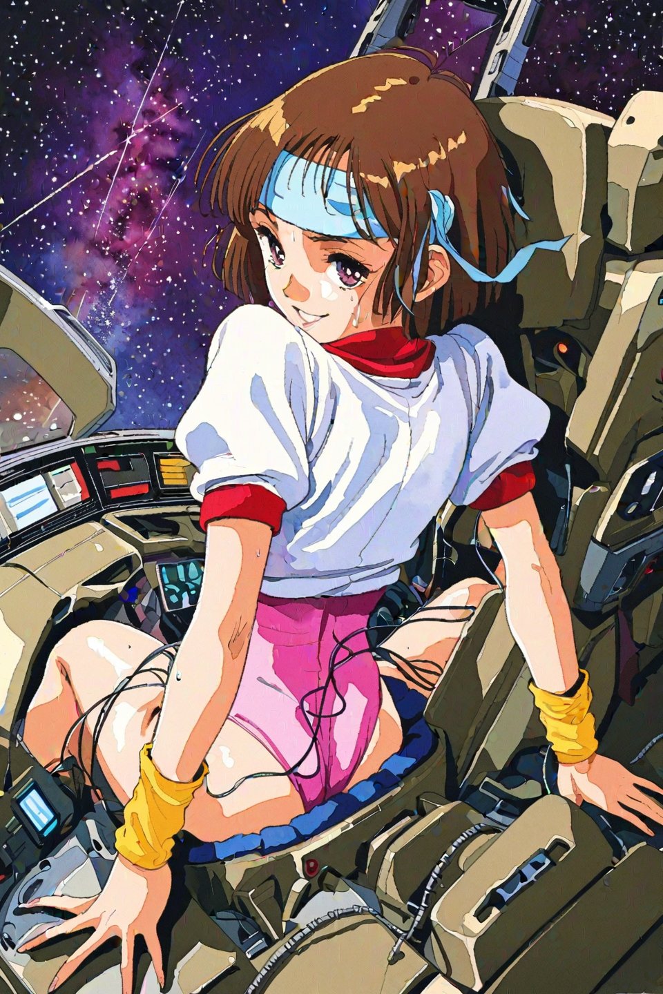 high resolution,highly detailed illustrations,best quality,detailed beautiful eyes,high resolution,highly detailed illustrations,best quality,detailed beautiful eyes,Noriko Takaya,1girl,headband,solo,short hair,smiling,retro artstyle,sweat,cockpit,brown hair,light blue headband,long headband,yellow wristband,(pink high leg leotard),(white turtleneck T-shirt,short sleeves,puffysleeves),robot,mecha,sitting in the cockpit,lots of wiring,(cord connected to body:1.1),(wires are connected to the body:1.1, BREAK space, milky way,earth, planet,watercolor_(medium),(from behind,looking back at viewer:1.5)