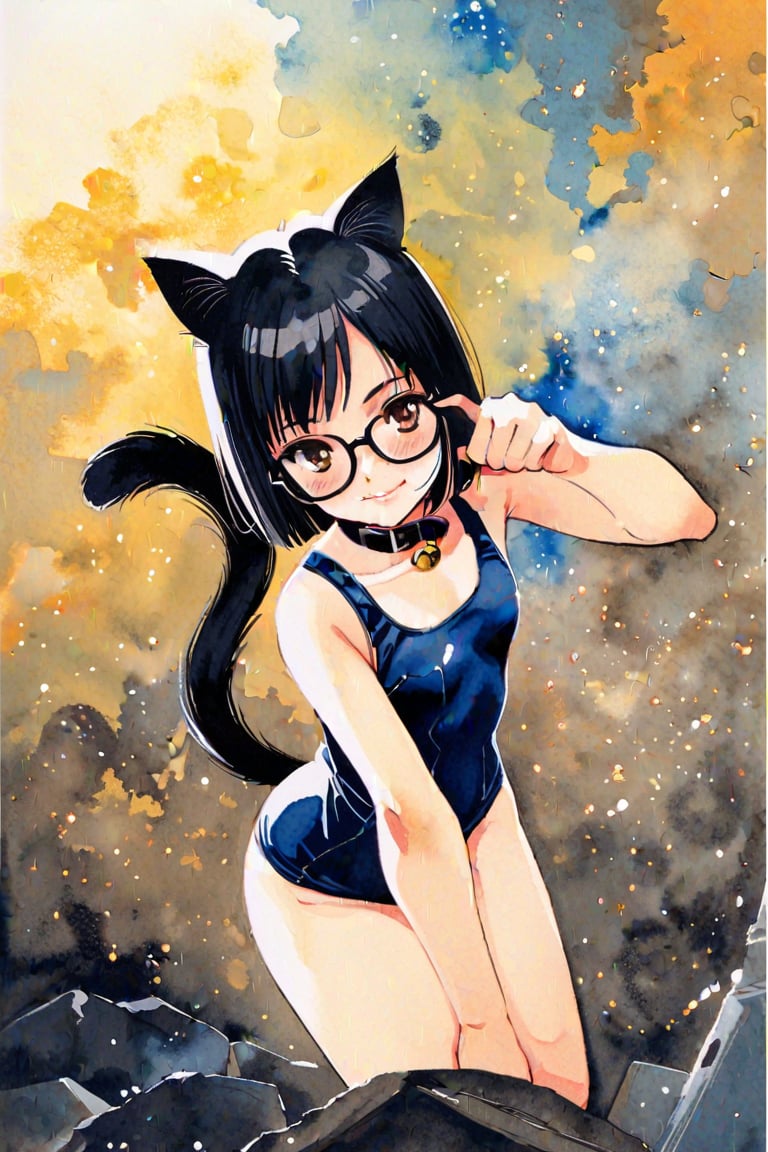 Noriko Takaya, Top quality, highly detailed illustrations, masterpiece, (cowboy shot:1.2), 1 girl, solo, retro art style, brown eyes, (black hair:1.5), (glasses:1.5), (deep side part), (short hair), looking at viewer, smiling, (paw pose),(school swimsuit), (flat chest, blush:1.3), (cat ears, cat tail, black collar, neck bell, black pawpads), black kneehighs, traditional media, watercolor (medium), Dramatic shadows, dynamic angles, background, night sky, milky way